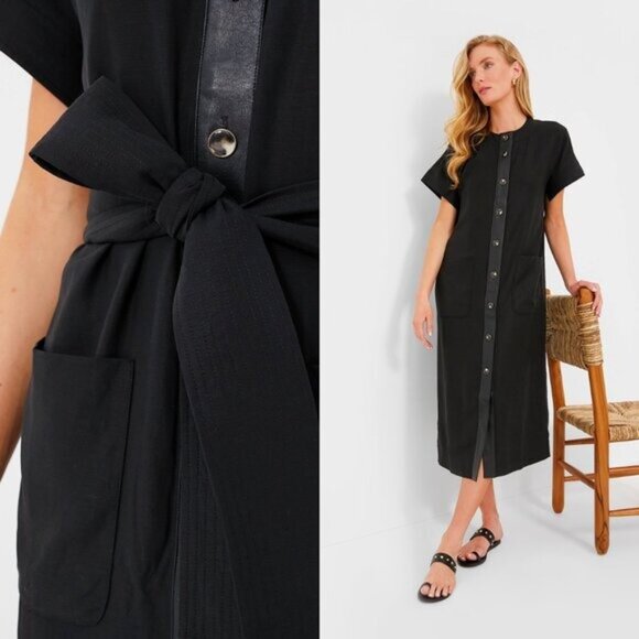 Tuckernuck NEW Black Leather Trim Kara Short Sleeve Midi Shirt Dress Size Small - Picture 3 of 10
